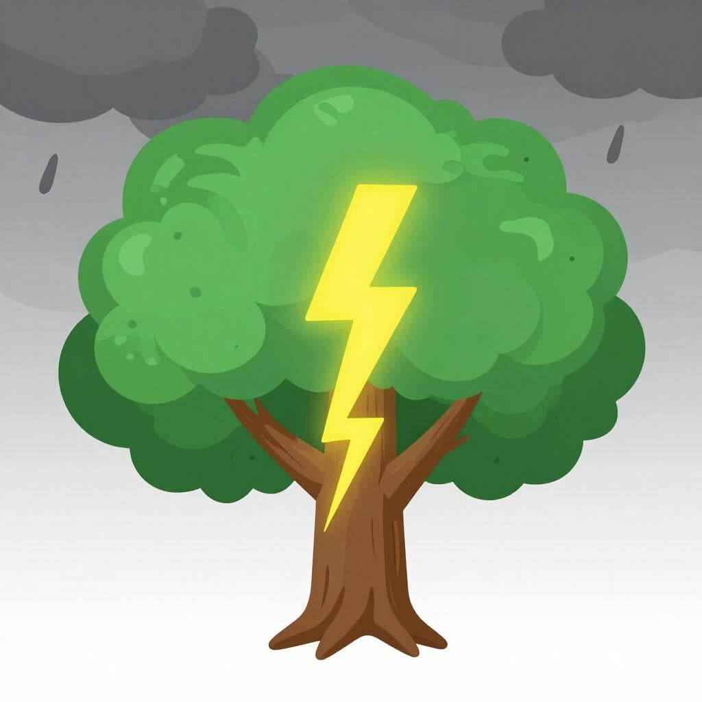 A large oak tree split in half by a lightning bolt during a storm.