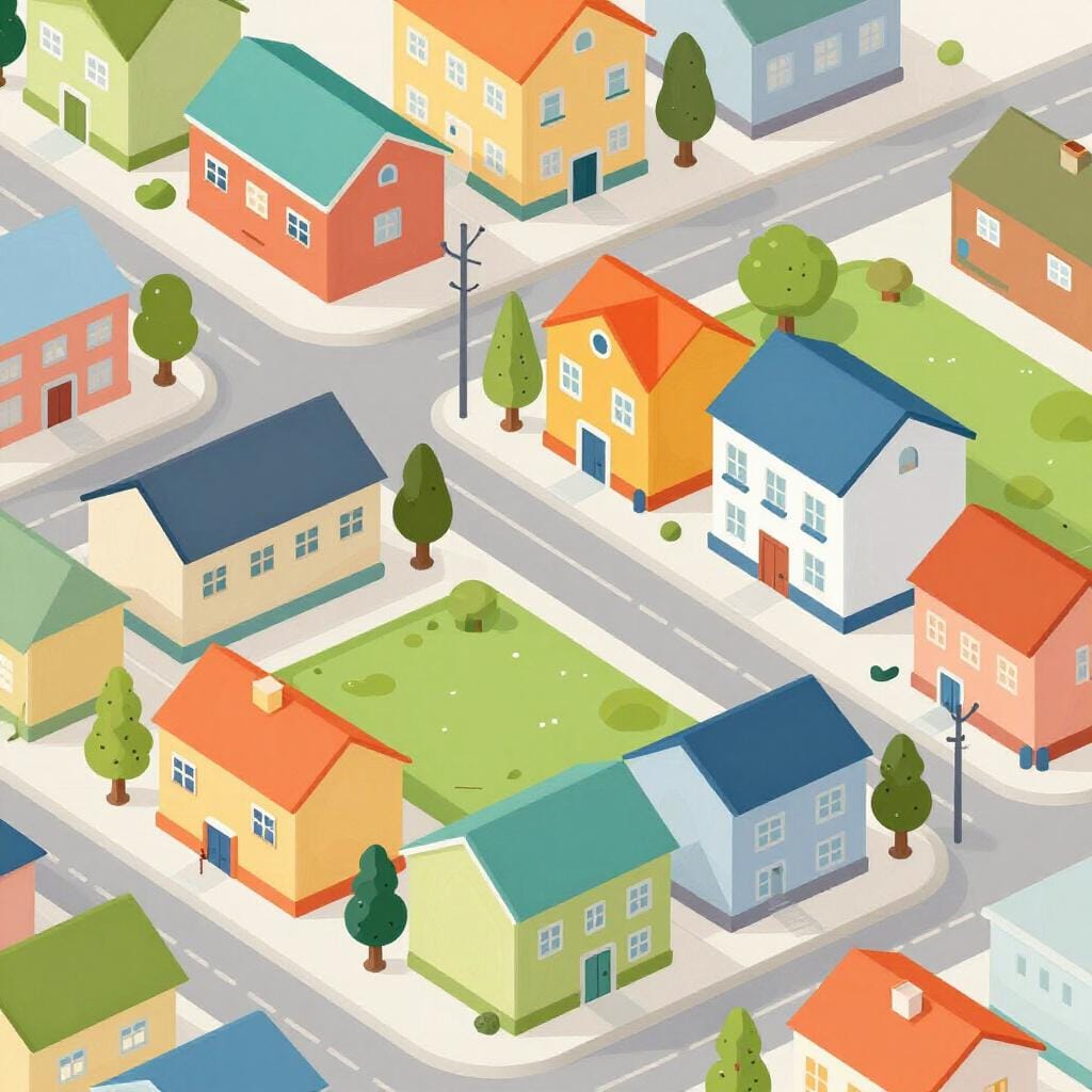 A colorful map-like view of a city neighborhood with distinct streets, small houses, and a local park.