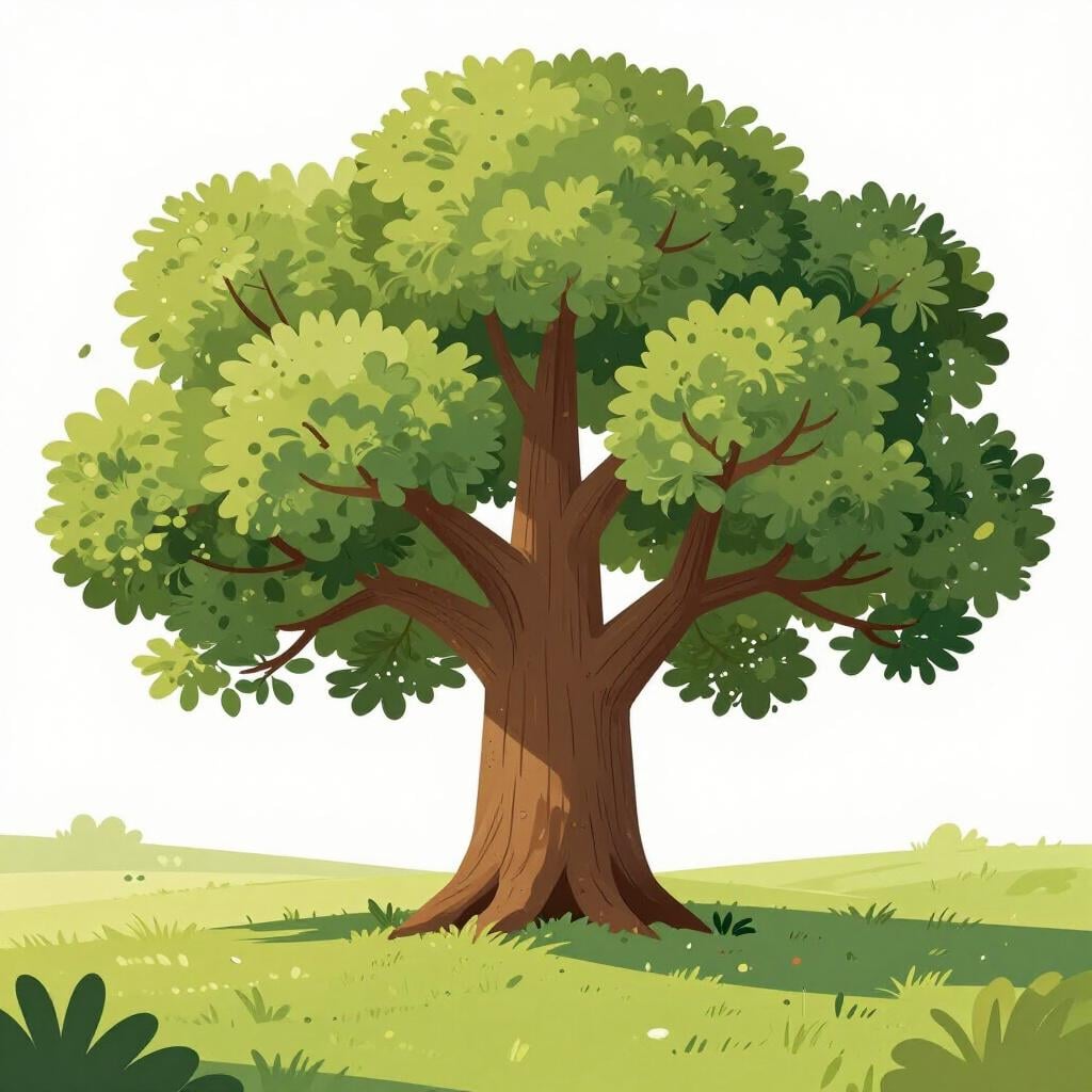 Uma árvore de carvalho maciça e antiga com galhos grossos e um tronco largo em um campo verde.