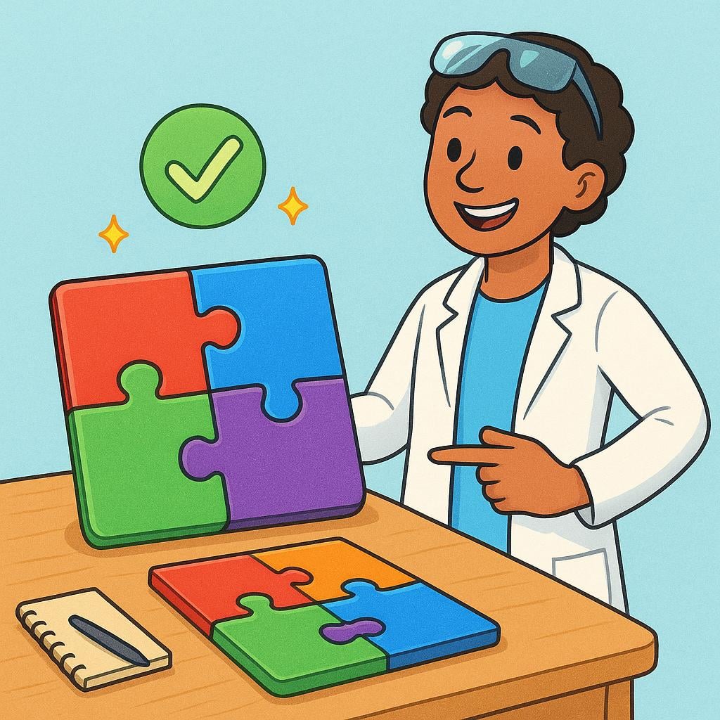 A smiling scientist character pointing triumphantly at a fully completed, brightly colored jigsaw puzzle resting on a table, symbolizing successfully proving a concept or truth.