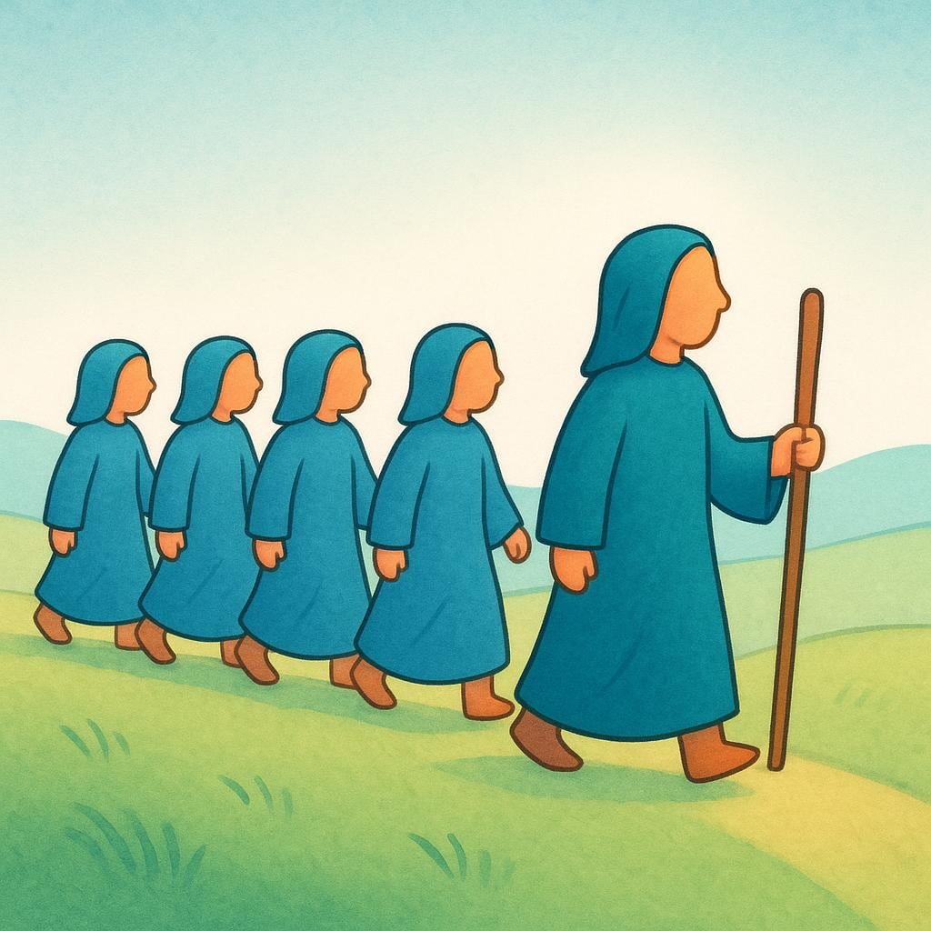 A distinct leader figure walking forward, followed closely by a line of five people dressed in matching robes, signifying adherents to a common belief or group.