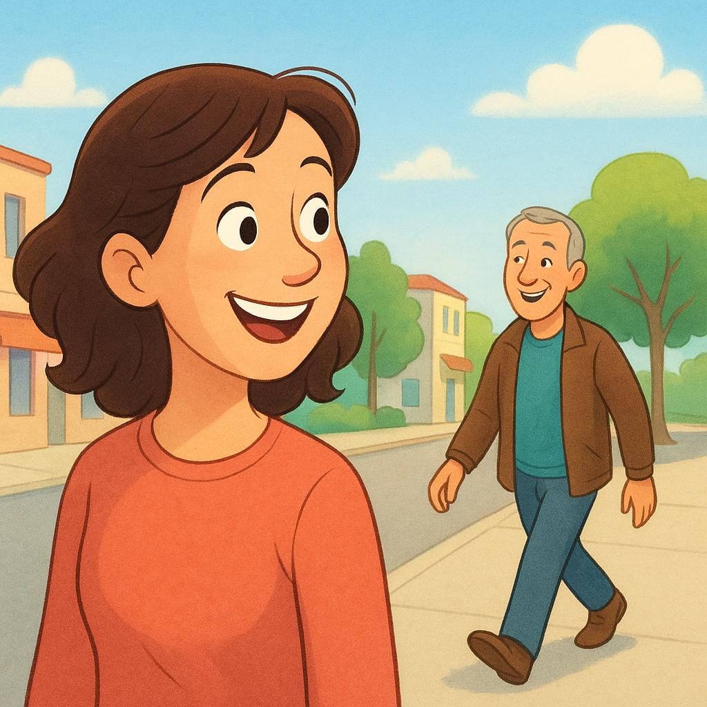 A woman smiling brightly in surprise and happiness as she recognizes an old friend walking past her on a sunny street.
