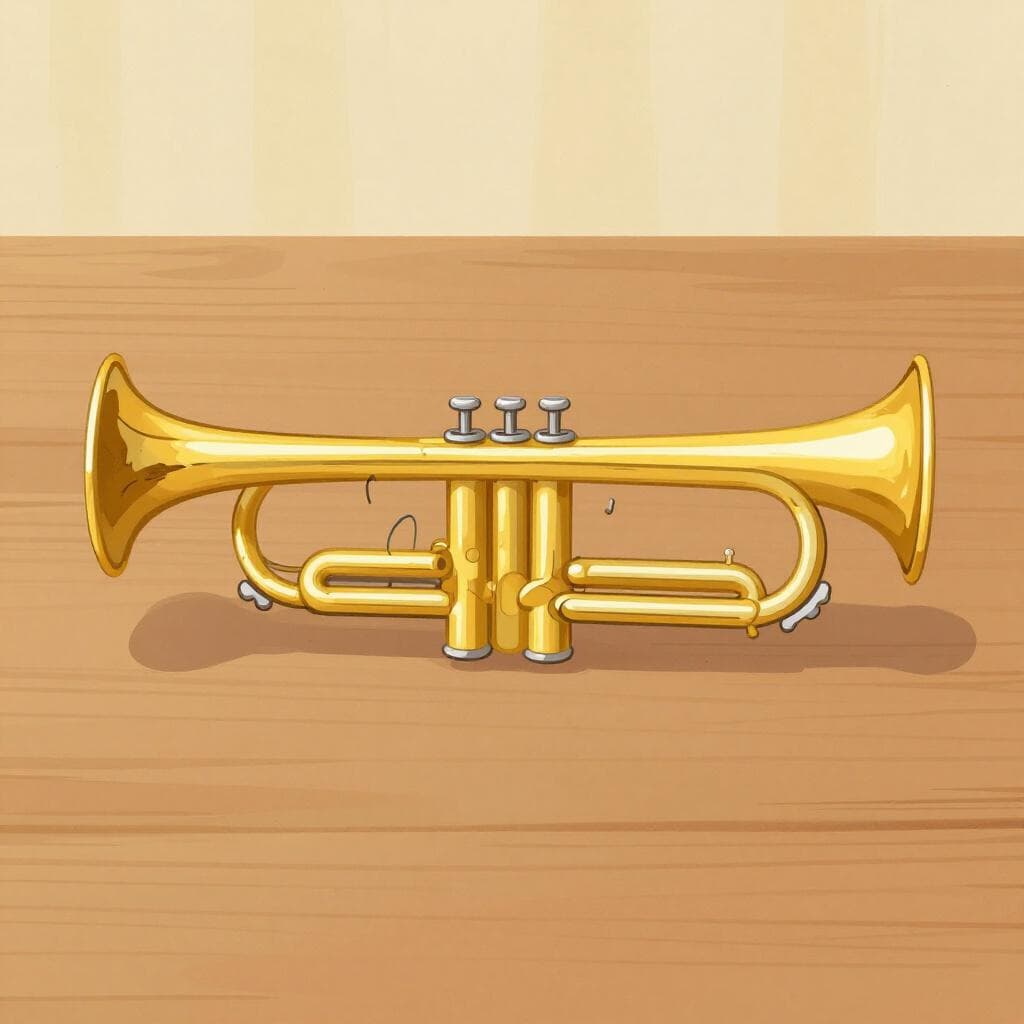 Une trompette dorée et brillante posée sur une simple table en bois.