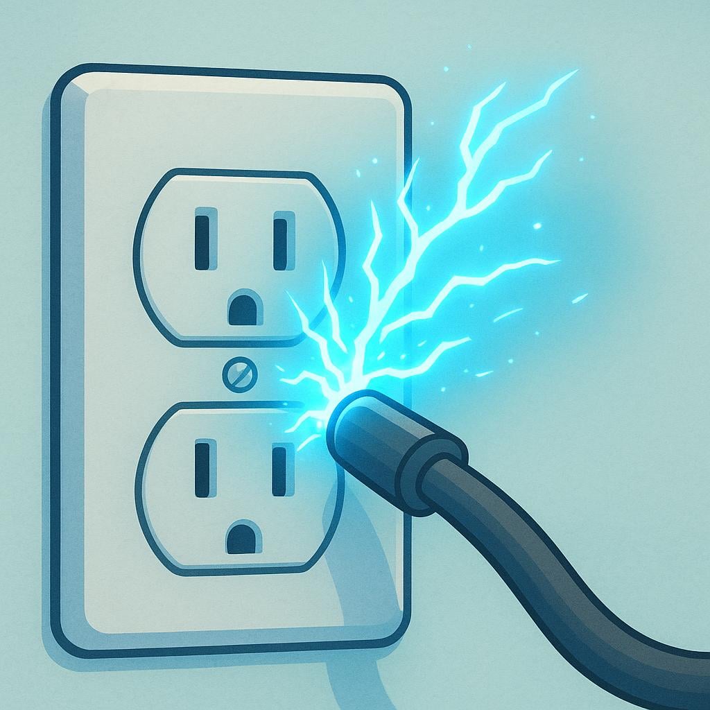 A stylized illustration of a simple electrical outlet socket connected to a thick wire, with bright blue electrical arcs visibly jumping from the wire terminal.