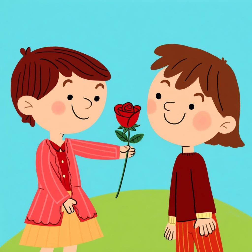A character with a friendly expression gently handing a single red rose to another smiling character, illustrating respectful treatment.
