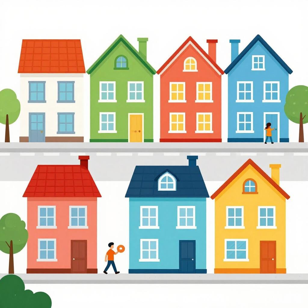 A row of colorful houses with different styles, representing a neighborhood shaped by people moving in from different places.