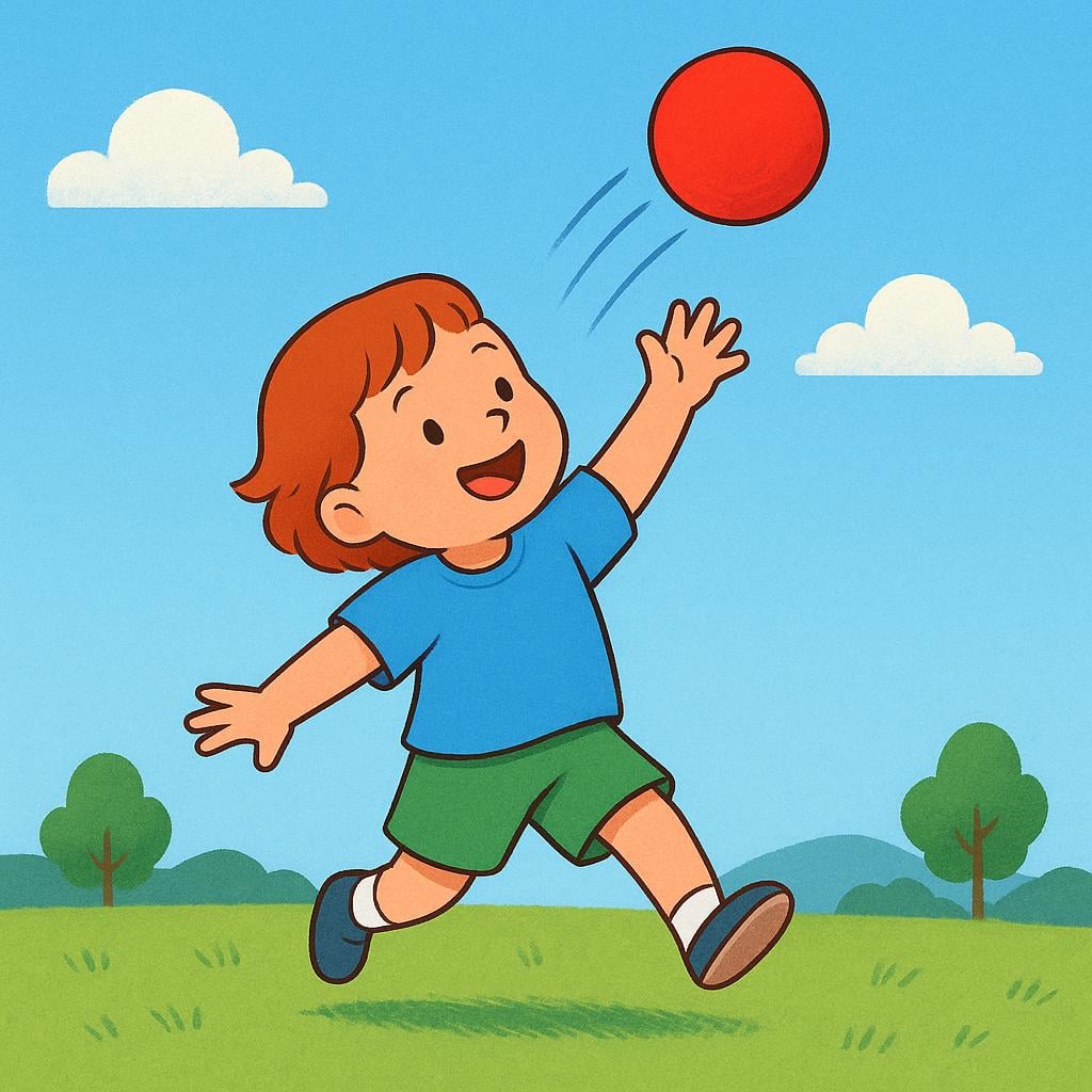 A storybook illustration of a child throwing a red ball upwards with force.