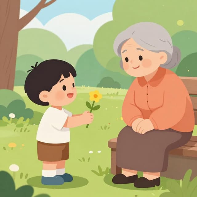 A happy child politely handing a flower to an elderly person in a garden.
