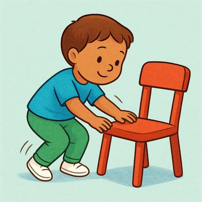 A young child is in the process of lowering themselves onto a simple red chair.