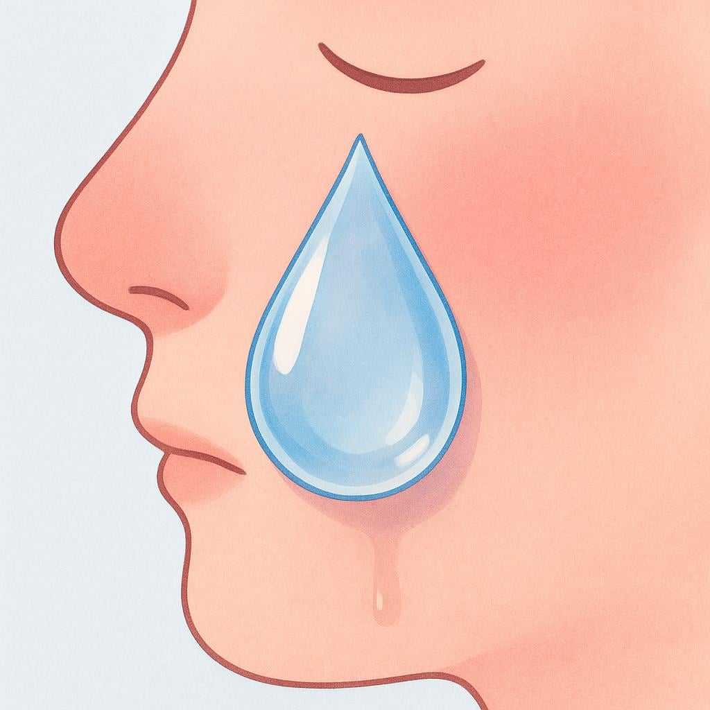 A single, large, clear teardrop visible on a simplified human cheek, illustrating biological secretion.