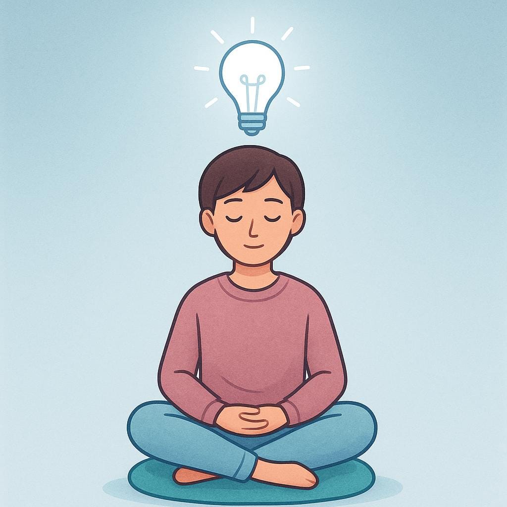 A simple illustration of a person sitting cross-legged, focused and deep in thought, with a stylized, glowing lightbulb floating above their head.