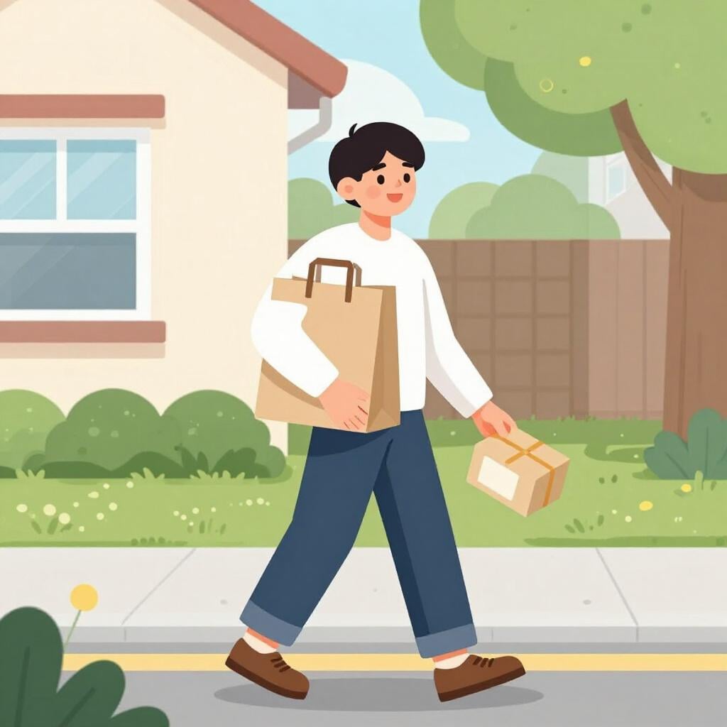 Une personne tenant un sac d'épicerie et un petit paquet en marchant sur un trottoir ensoleillé.