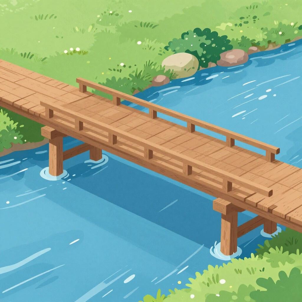 A wide wooden bridge crossing a small blue stream.
