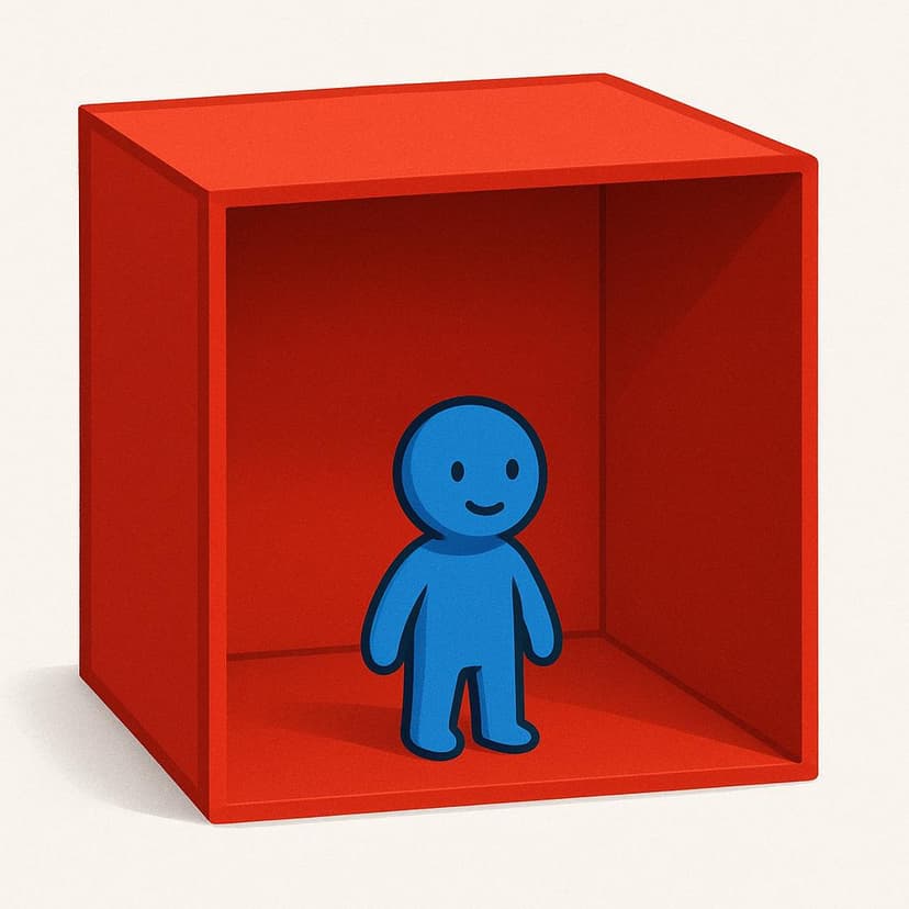 Eine kleine blaue Figur, die in einer großen, leeren roten Kiste steht und den Raum darin vollständig dominiert.