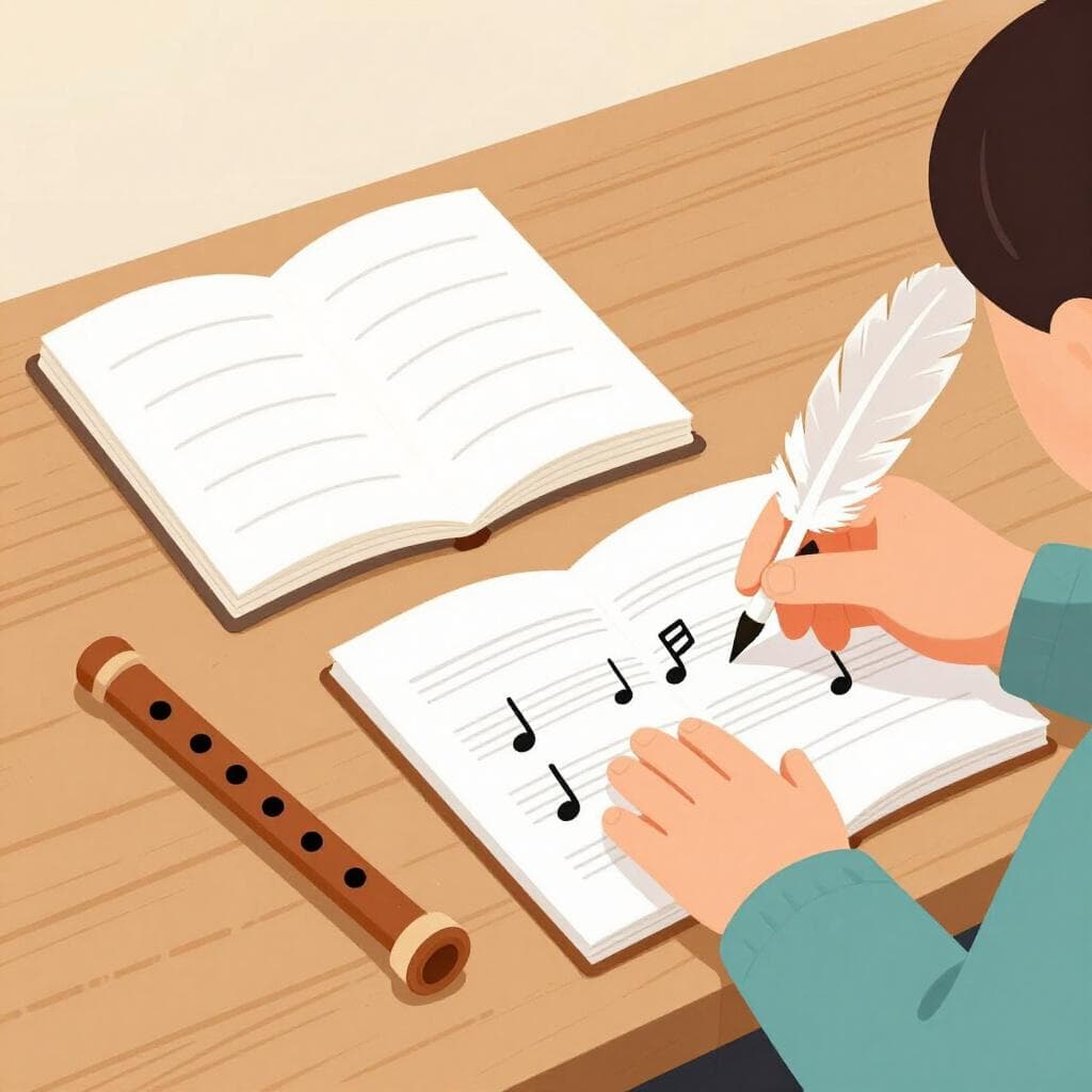 Un artiste à un bureau écrivant des notes de musique sur une partition tout en regardant une page de poésie représentée par de simples lignes.