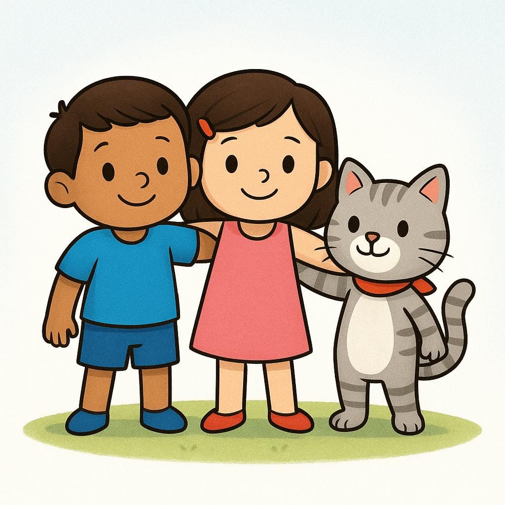 男の子、女の子、猫の3匹の小さな漫画のキャラクターが、団結と協力の印として腕を組んで密接に立っている様子。