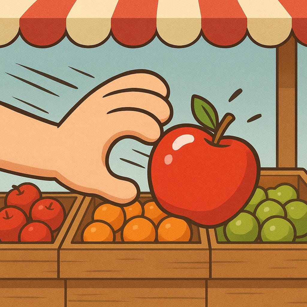 Eine Cartoon-Illustration, die eine Hand zeigt, die schnell einen glänzenden roten Apfel von einem hölzernen Obststand schnappt.