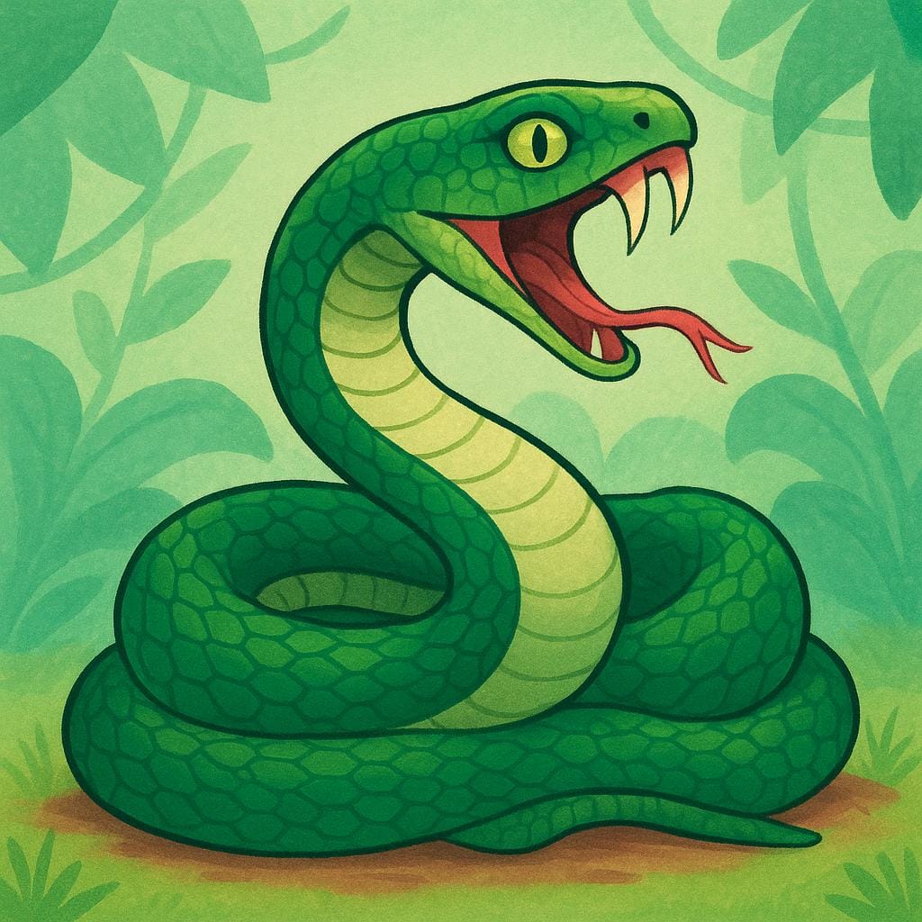 A coiled green viper snake with fangs exposed, symbolizing extreme danger or fatality.