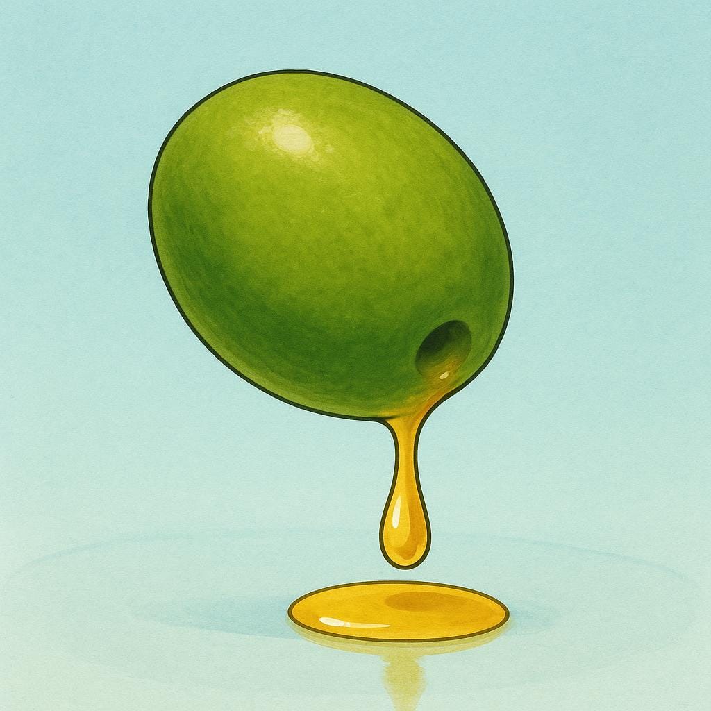 A single ripe green olive with a large, golden drop of oil falling from it onto a surface, symbolizing highest quality oil.