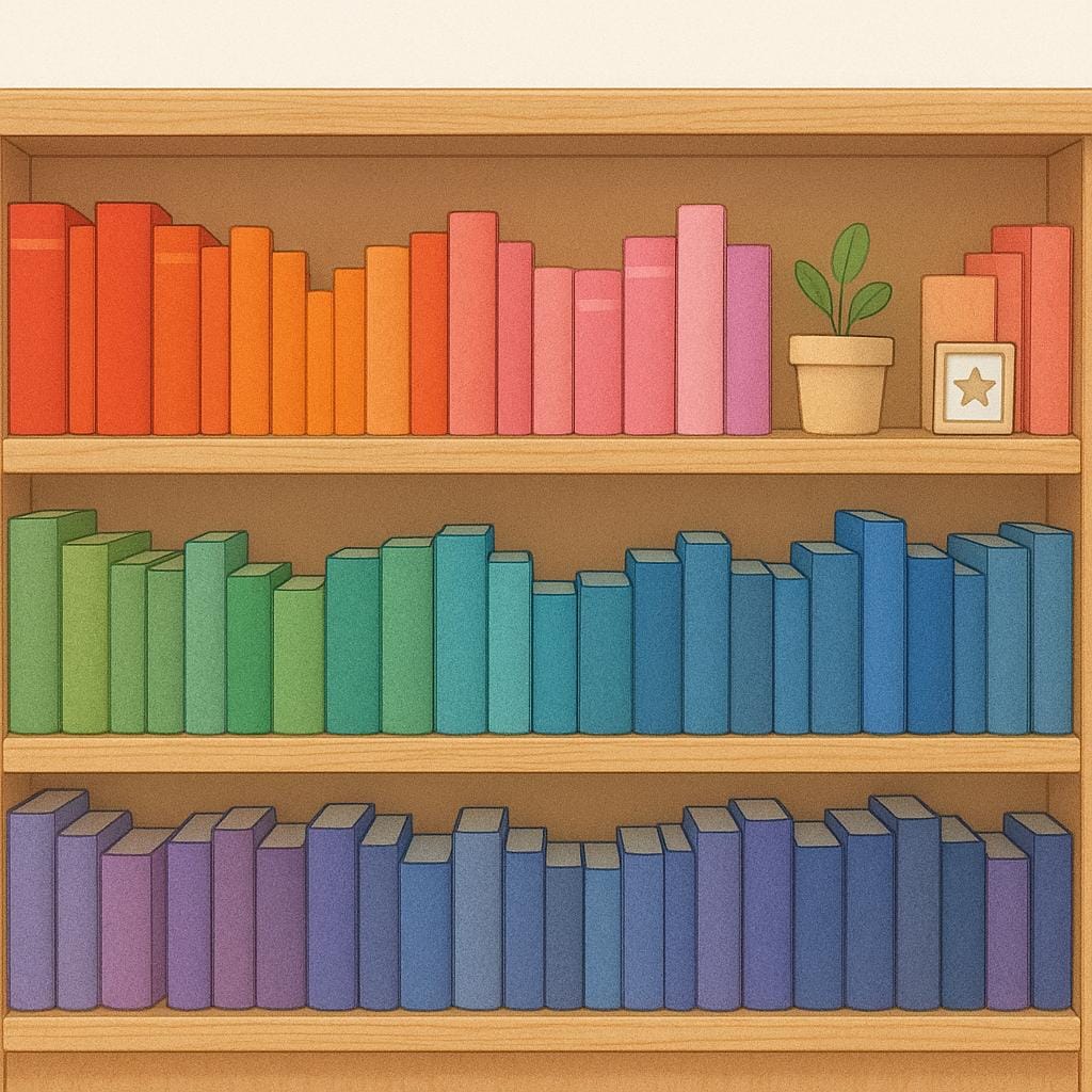 A perfectly organized bookshelf with books stacked neatly and uniformly, arranged by color and size.