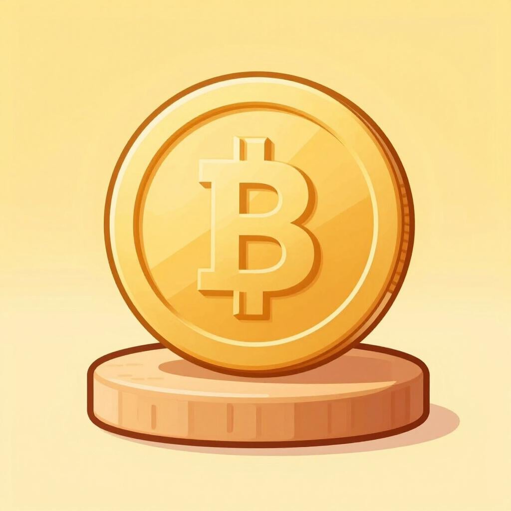 A shiny gold coin placed on a small wooden pedestal.