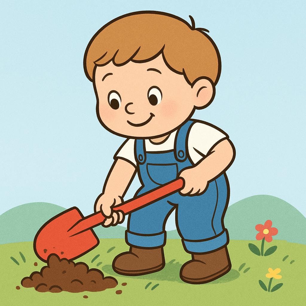 Un personaggio amichevole dei cartoni animati sta usando attivamente una pala rosso vivo per scavare in una zona di terra marrone in un giardino.