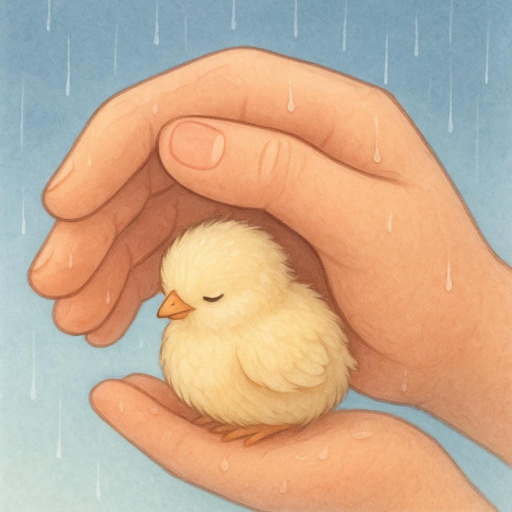A large, strong human hand gently cups and covers a tiny, vulnerable yellow bird chick, shielding it from a light drizzle of rain.