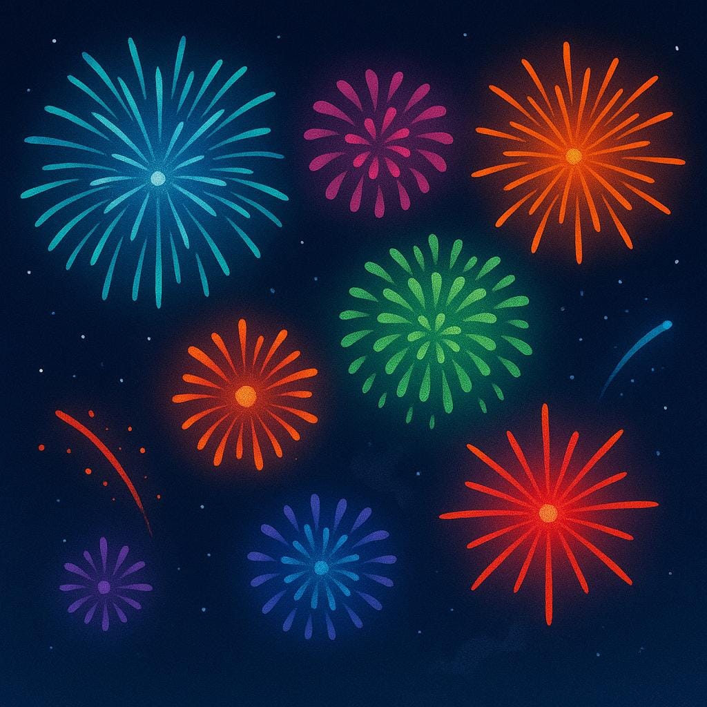 A dark night sky illuminated by multiple colorful bursts of pyrotechnic fireworks exploding high above a landscape.