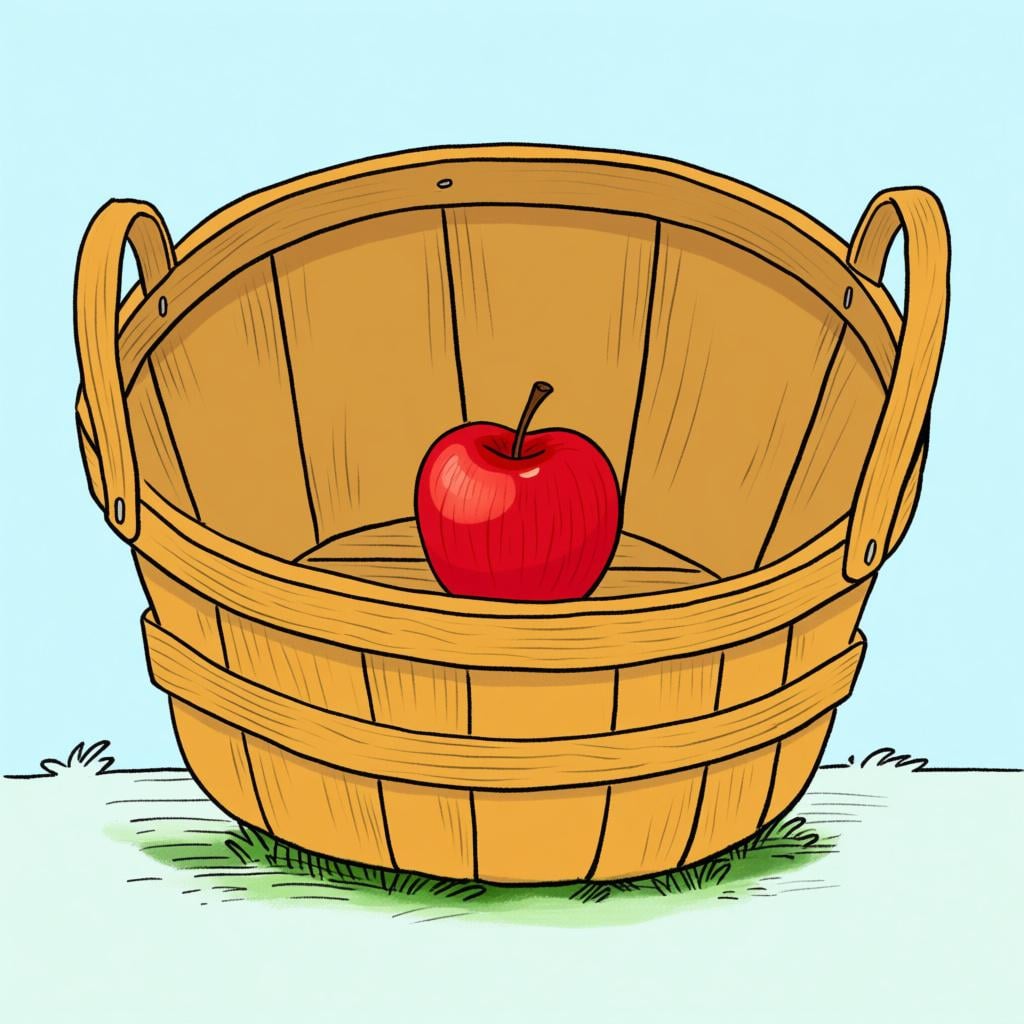 A large, mostly empty wooden basket resting on the floor, containing only one bright red apple, symbolizing a lack or shortage.