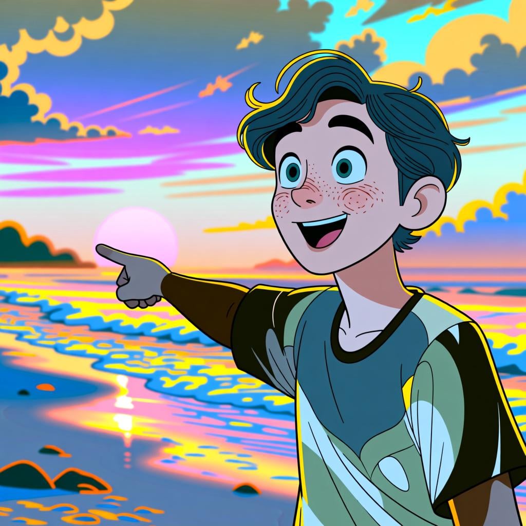 A friendly person pointing to a beautiful sunset to get someone's attention.