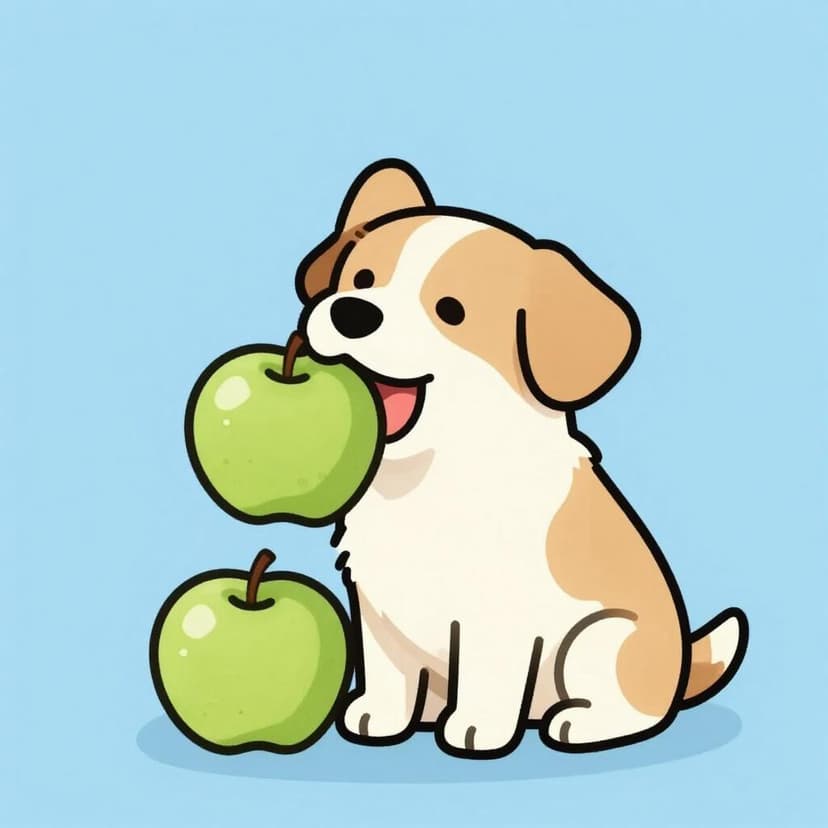 フレンドリーな犬が大きなリンゴを美味しそうに噛んでいる様子。