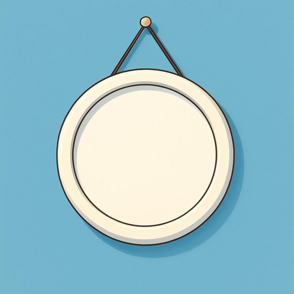 A highly simplified, round white object resembling a clock casing hangs centrally on a solid light blue wall. The object is plain and lacks any hands or numbers.