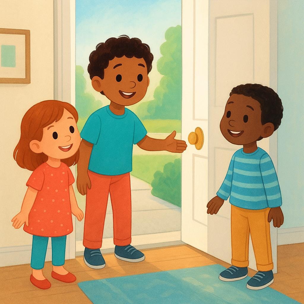 A smiling child holds a door open, inviting two other children to step inside a bright room, symbolizing permission.