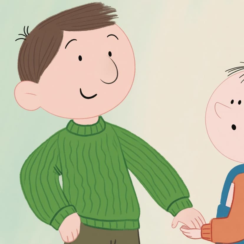 A simple, friendly character in a green sweater is leaning slightly forward and looking directly at a second character, holding their hand out in a gentle, inquiring gesture.