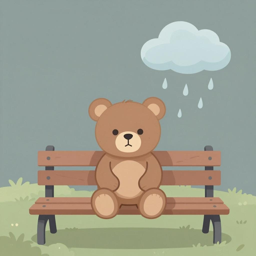 A small, sad bear sitting alone on a wooden bench under a rainy cloud.