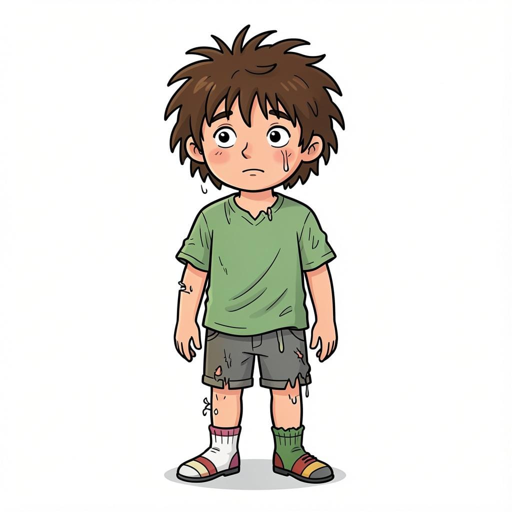 A messy person with uncombed hair and wrinkled, mismatched clothes.