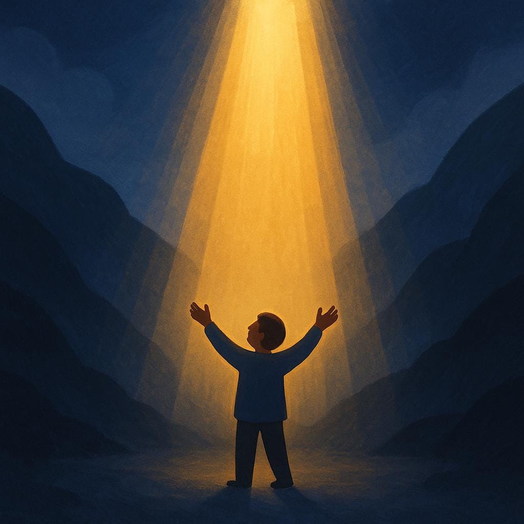 A storybook illustration of a solitary figure emerging from a dark valley, looking up and reaching towards a powerful, warm golden light descending from the sky, symbolizing spiritual deliverance.