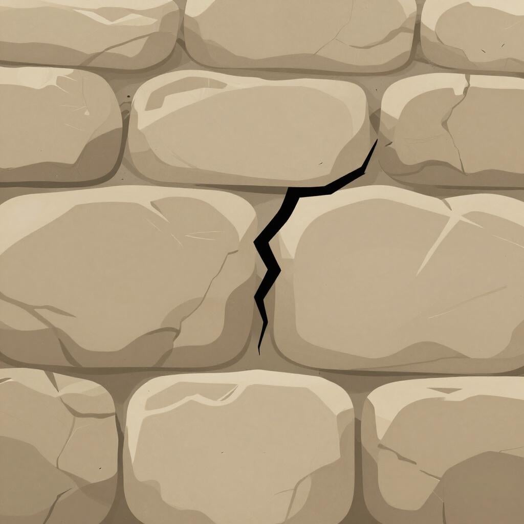 Un grand mur de pierre avec une petite fissure visible dans une section.