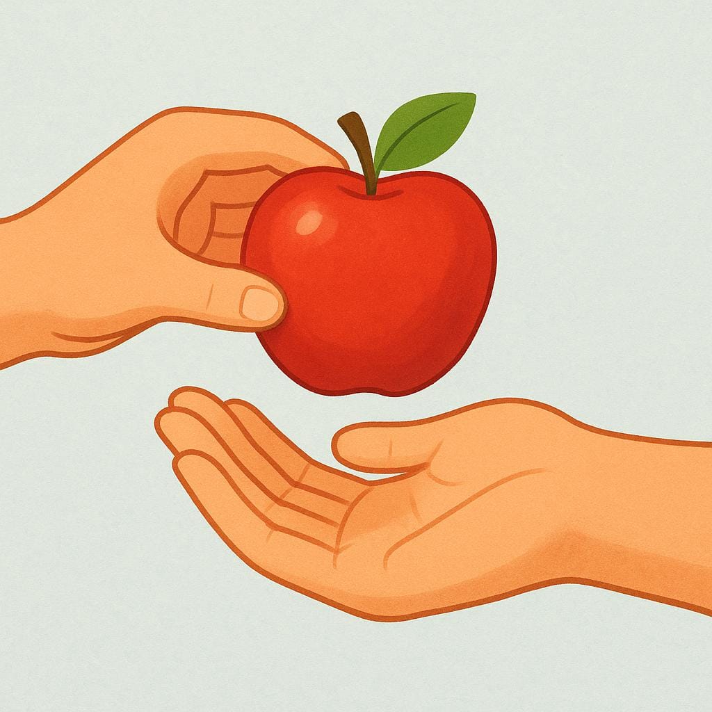 A person's hand offering a bright red apple to another person's open hand, symbolizing the act of taking a physical object.