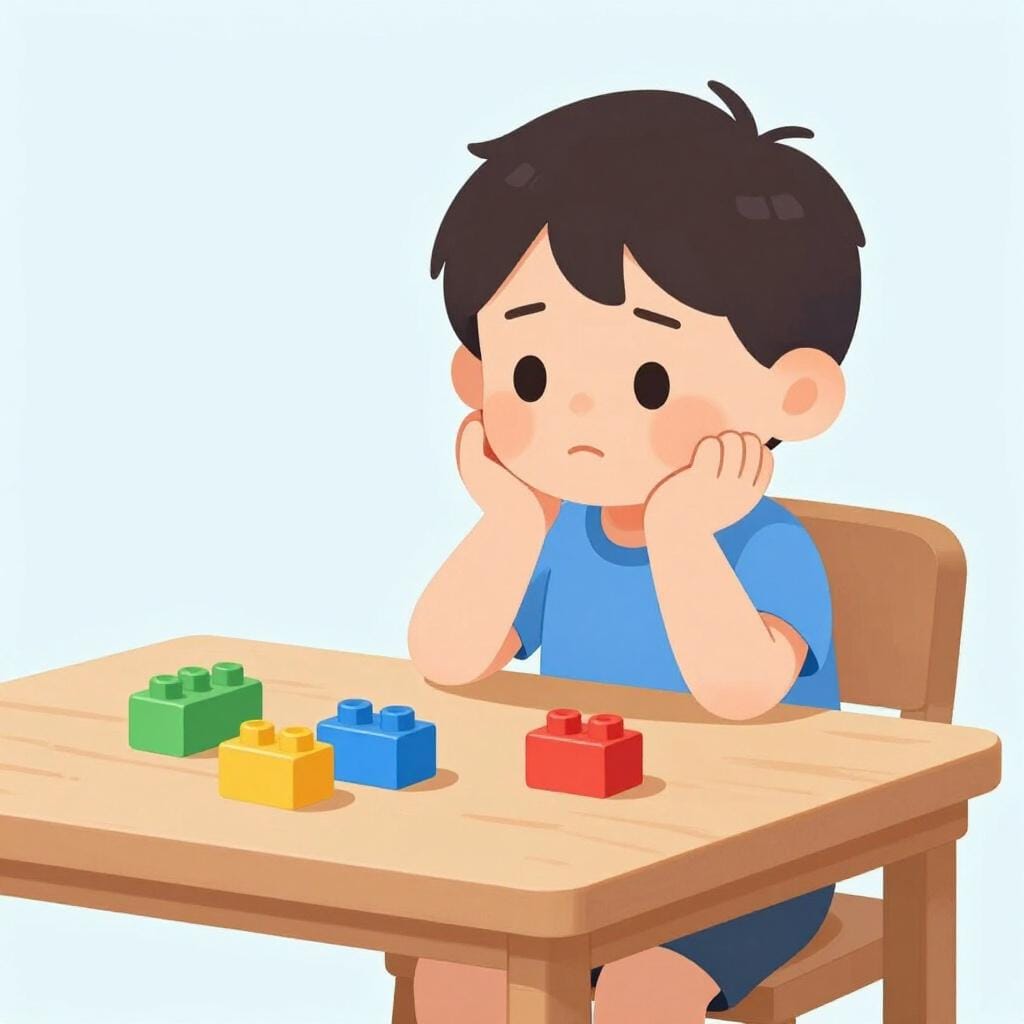 A child sitting at a wooden table, resting their chin on their hand with a disinterested expression and slumped shoulders.