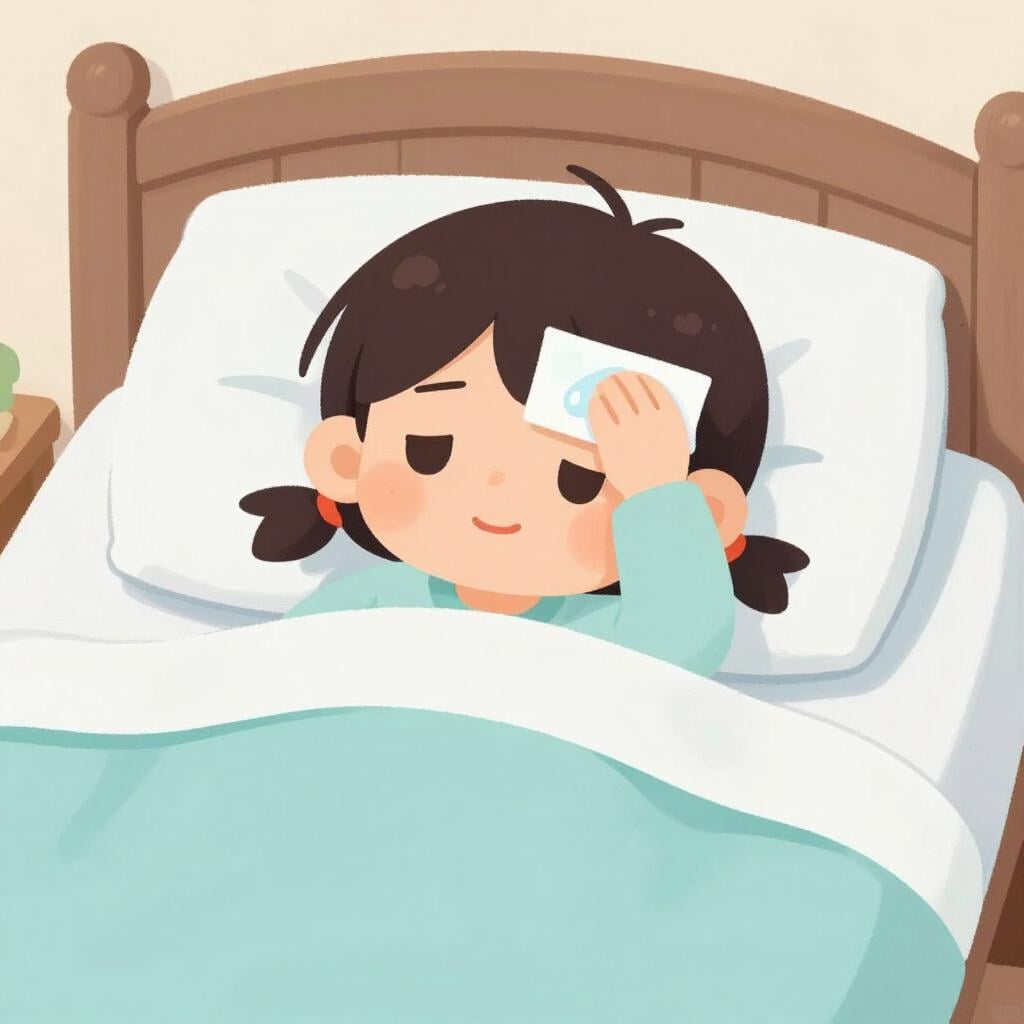 A child resting in bed with a warm cloth on their forehead.