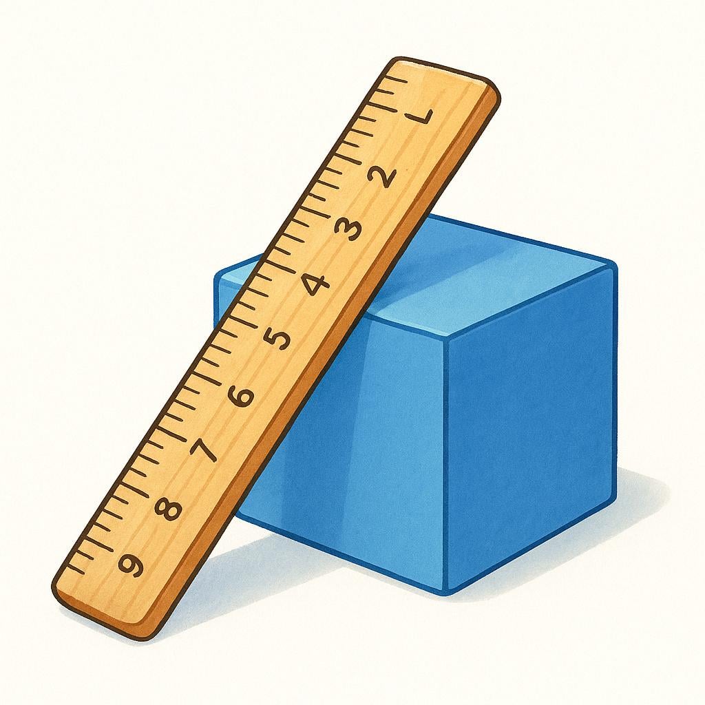 A simple blue cube lying next to a wooden ruler, illustrating physical dimensions or measurements.
