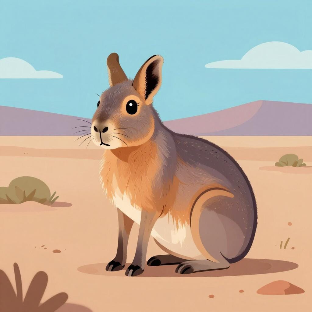 A Patagonian mara sitting on the dry ground, looking like a mix between a rabbit and a deer.