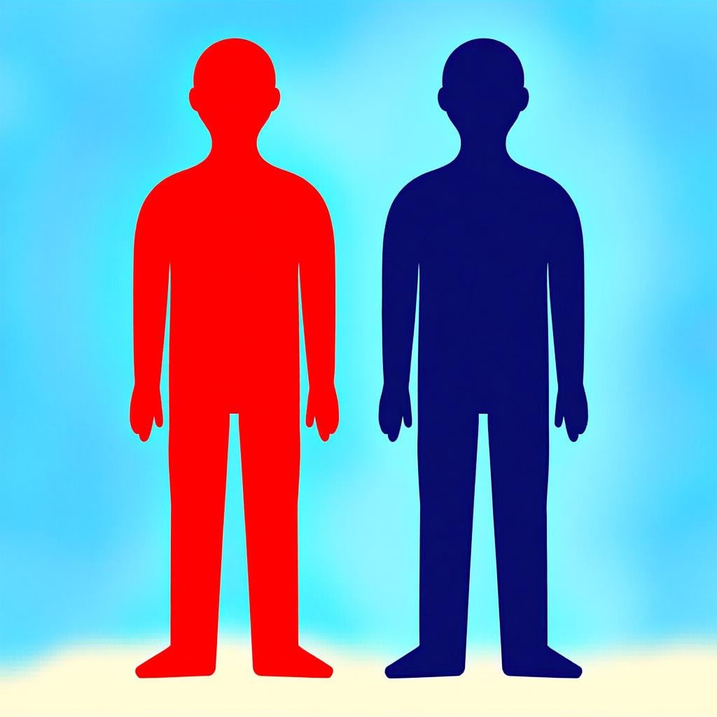 A stylized human figure whose body is split down the middle, with one half colored bright red (joy) and the other half colored deep blue (sadness), illustrating conflicting emotions.
