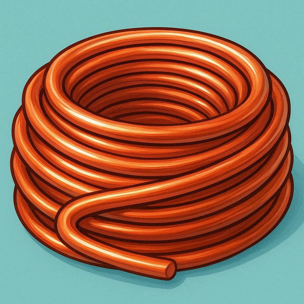 Eine Nahaufnahme eines dicken, glänzenden, gewickelten Kupferdrahtes, der seine Rolle als Material hervorhebt, das Wärme oder Elektrizität leitet.