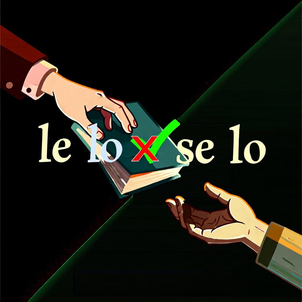 Een hand die een boek aan een andere hand doorgeeft, met een groen vinkje over 'se lo' en een rood kruis over 'le lo' om de vervanging te tonen.