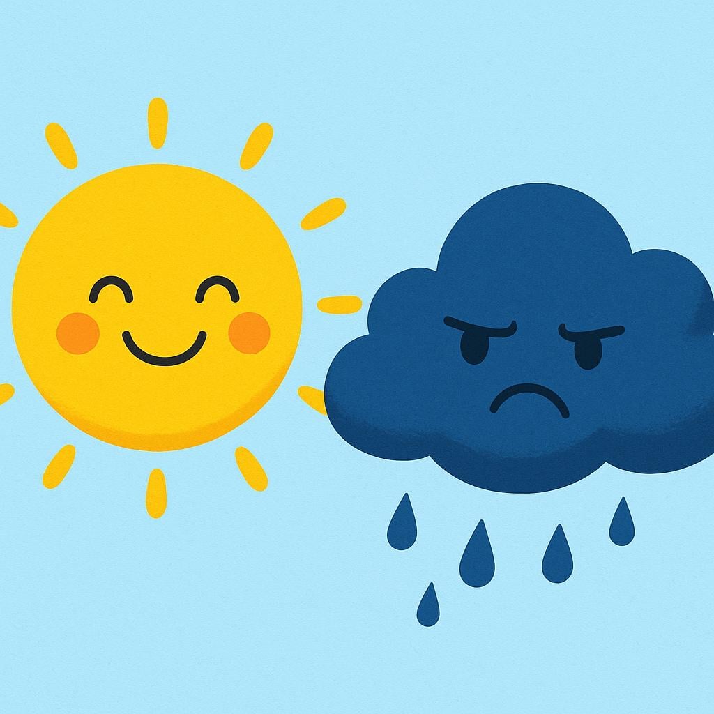 A happy sun and a grumpy rain cloud side by side.