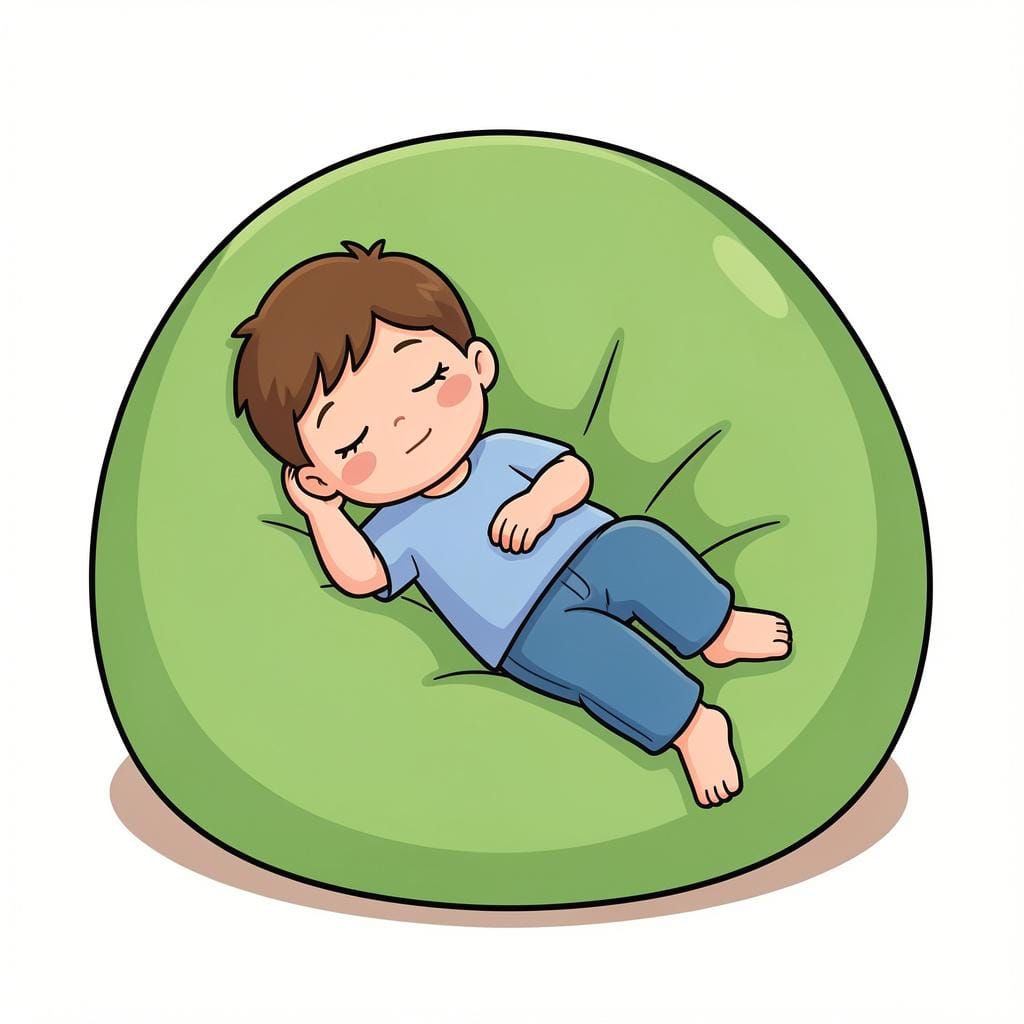 A small child sleeping soundly on a soft green beanbag chair.