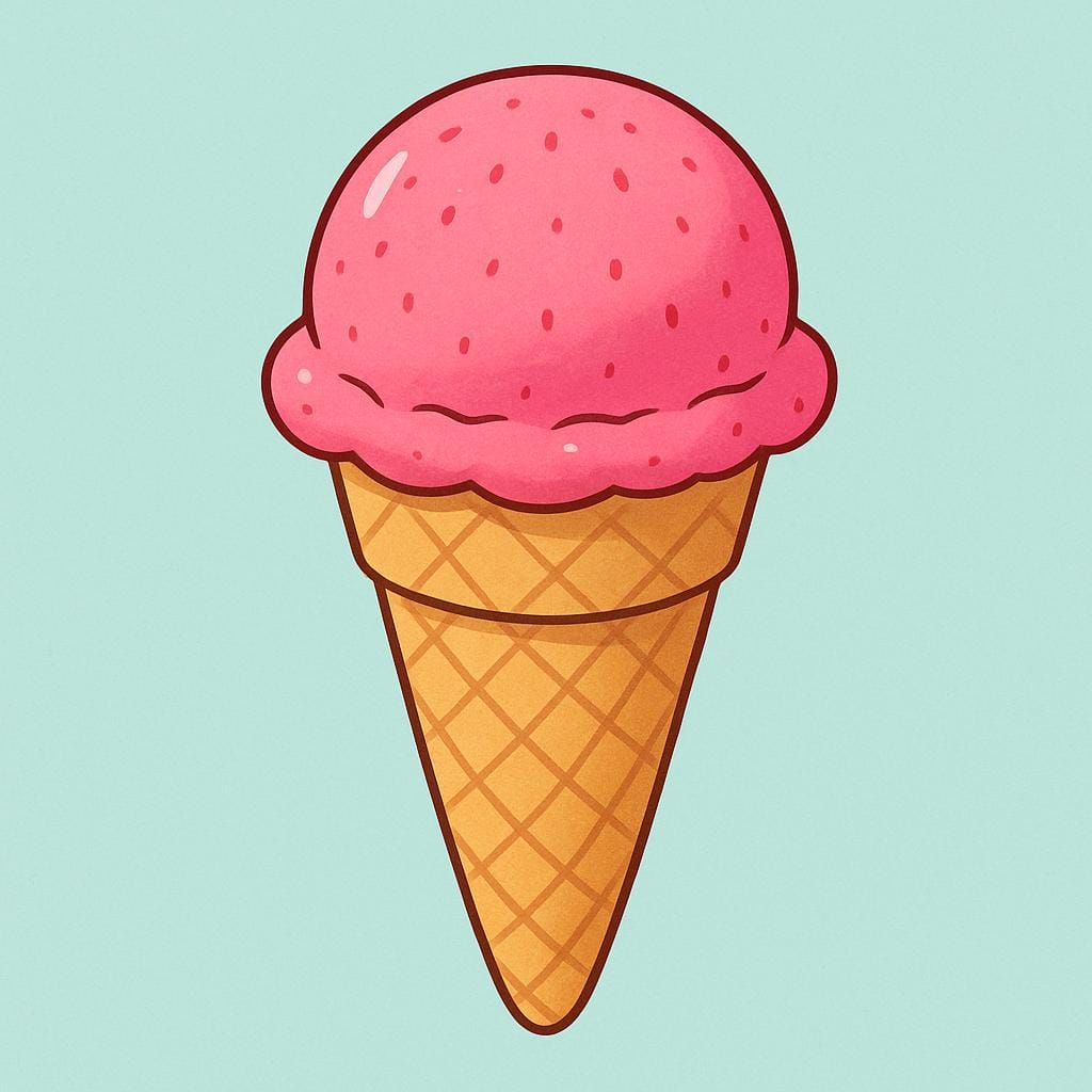 A single scoop of bright pink ice cream (or sorbet) resting inside a simple, light brown waffle cone.
