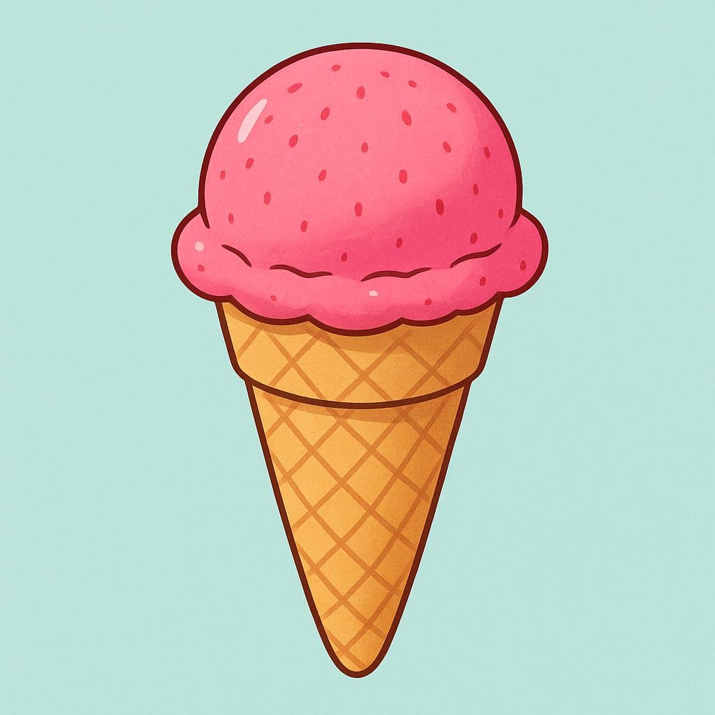 A single scoop of bright pink ice cream (or sorbet) resting inside a simple, light brown waffle cone.